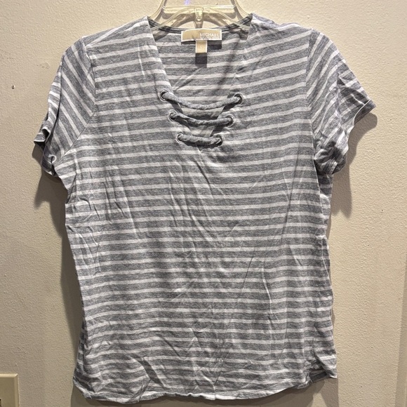 Michael Kors Gray Striped Lace-Up Tee - Picture 1 of 5